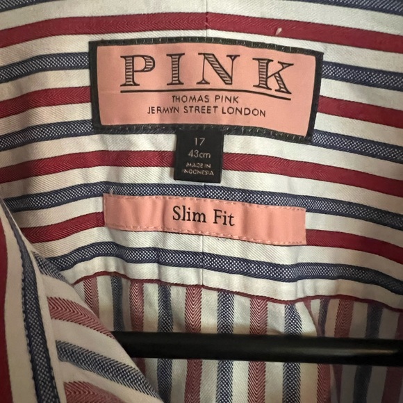 PINK Thomas Pink 17 (43cm) Slim Fit Red Blue Stripe Button Down Shirt - Picture 3 of 3